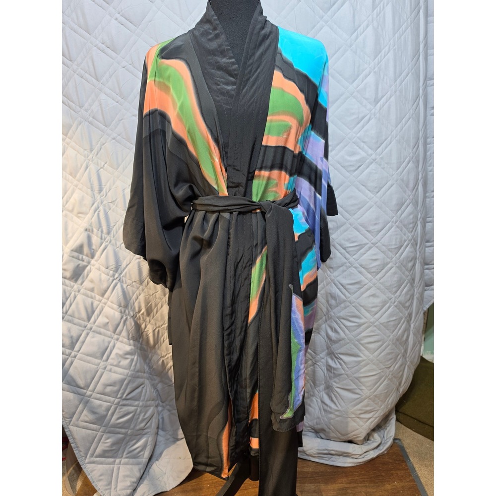 Nicole Original Chicago Silk Kimono Robe Abstract Psychedelic Print Black S
